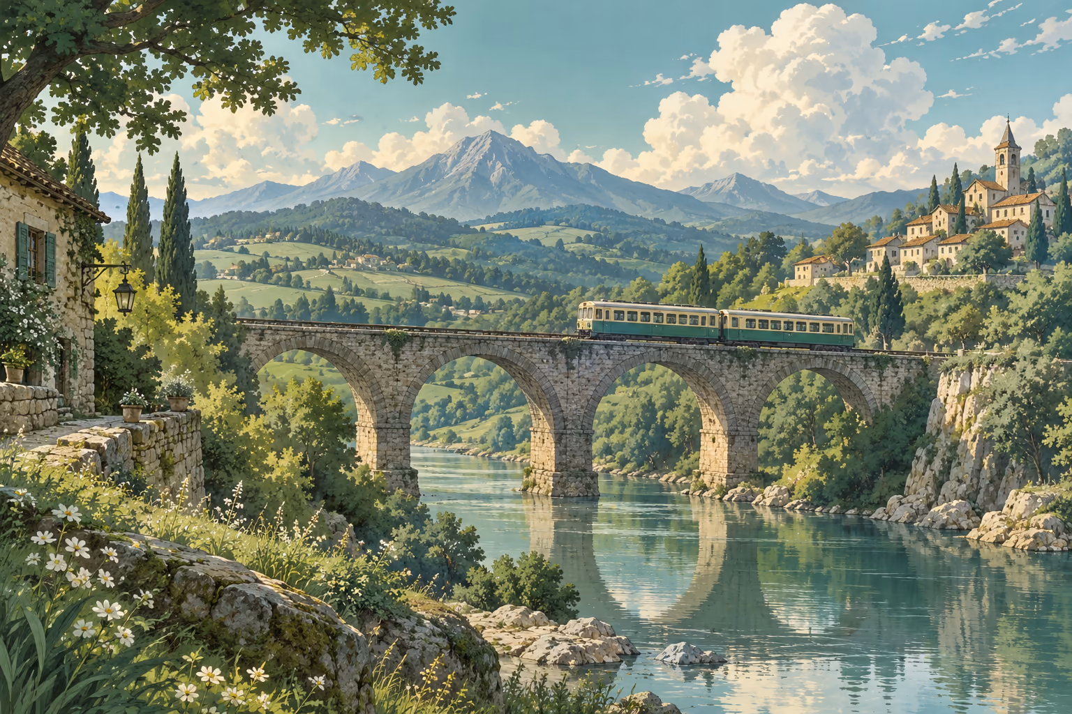 An original illustrated cream and green train crossing a stone bridge in a lush landscape