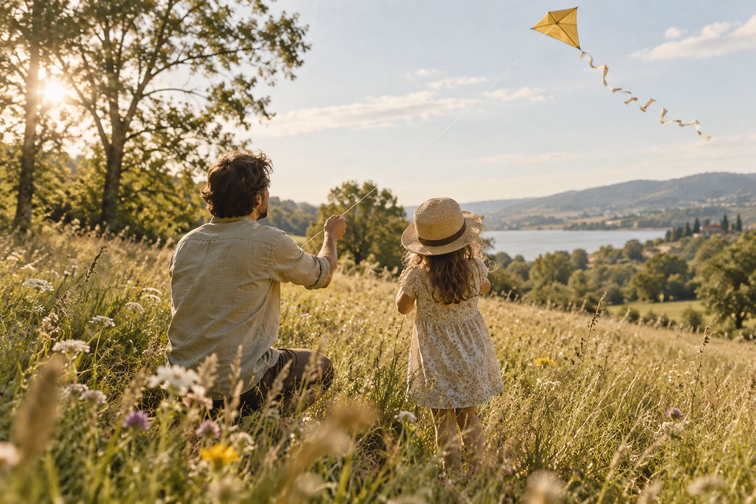 A parent and child flying a kite together in a sunlit meadow, seen from behind